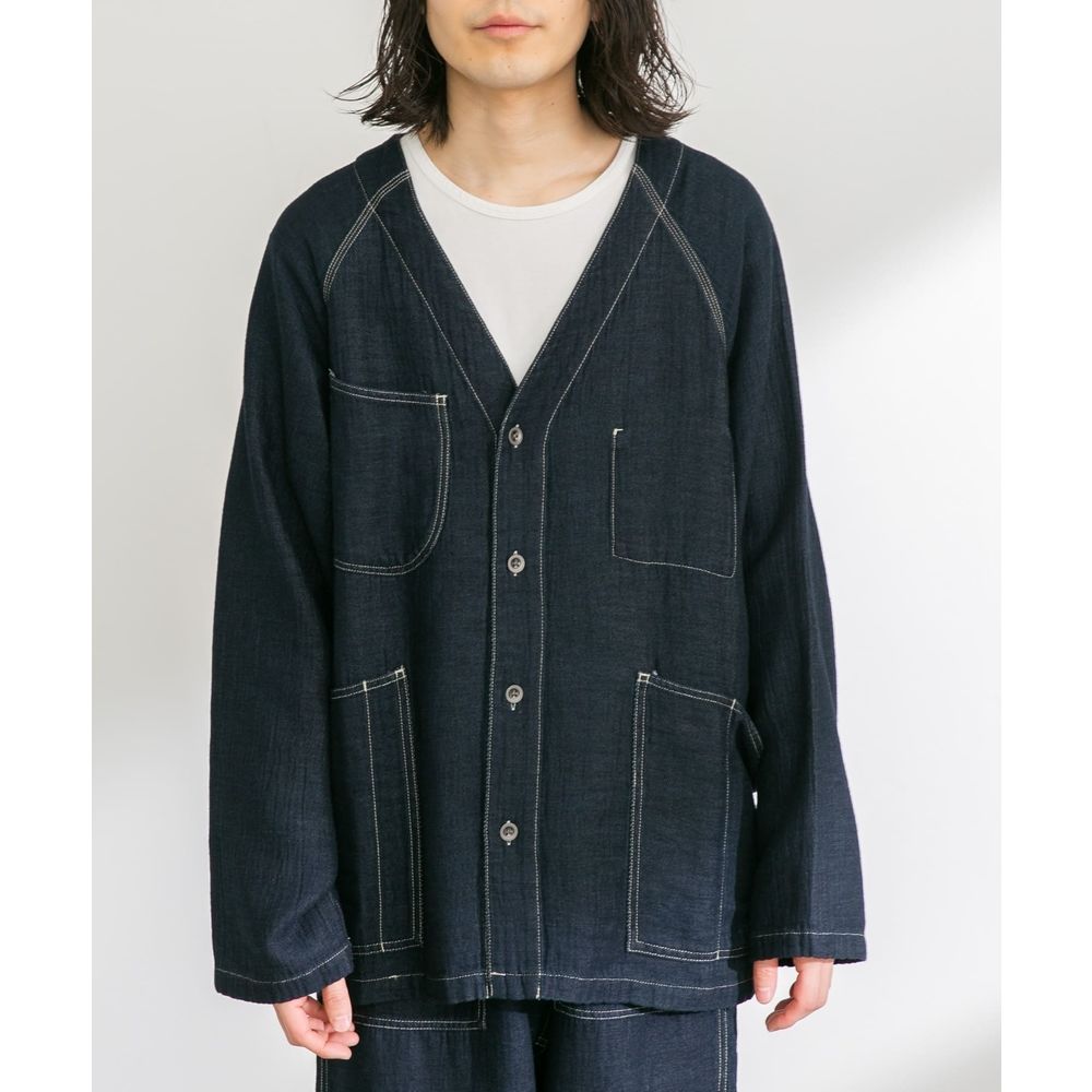 ノーカラージャケット マルチポケット麻織りカーディガン