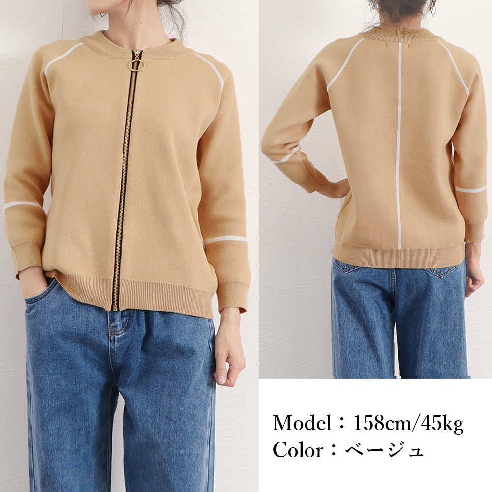 ノーカラージャケット バイカラーニットジャケット レディース