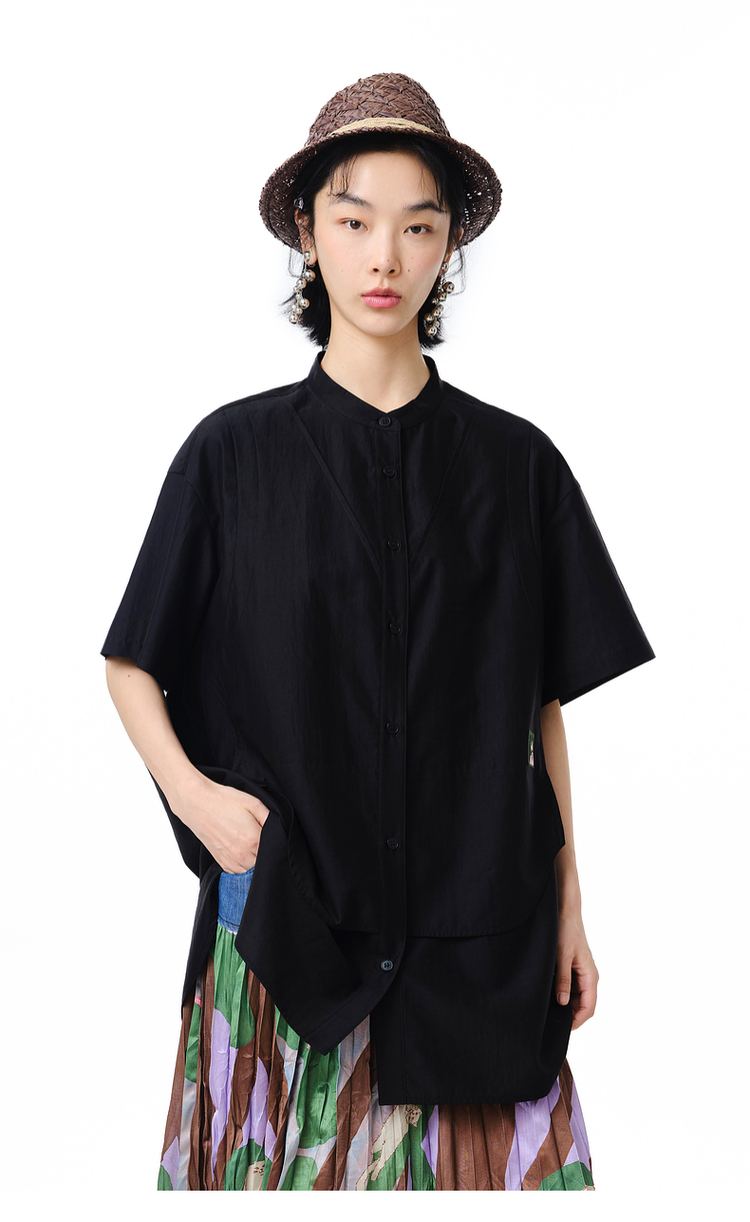 ノーカラージャケット 麻混紡 涼風半袖ノーカラージャケット
