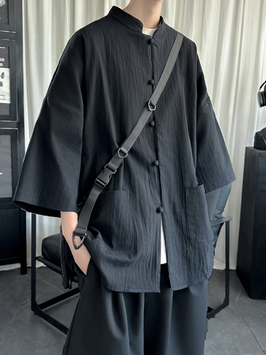 ノーカラージャケット 風合い豊かな立ち襟リネンシャツジャケット