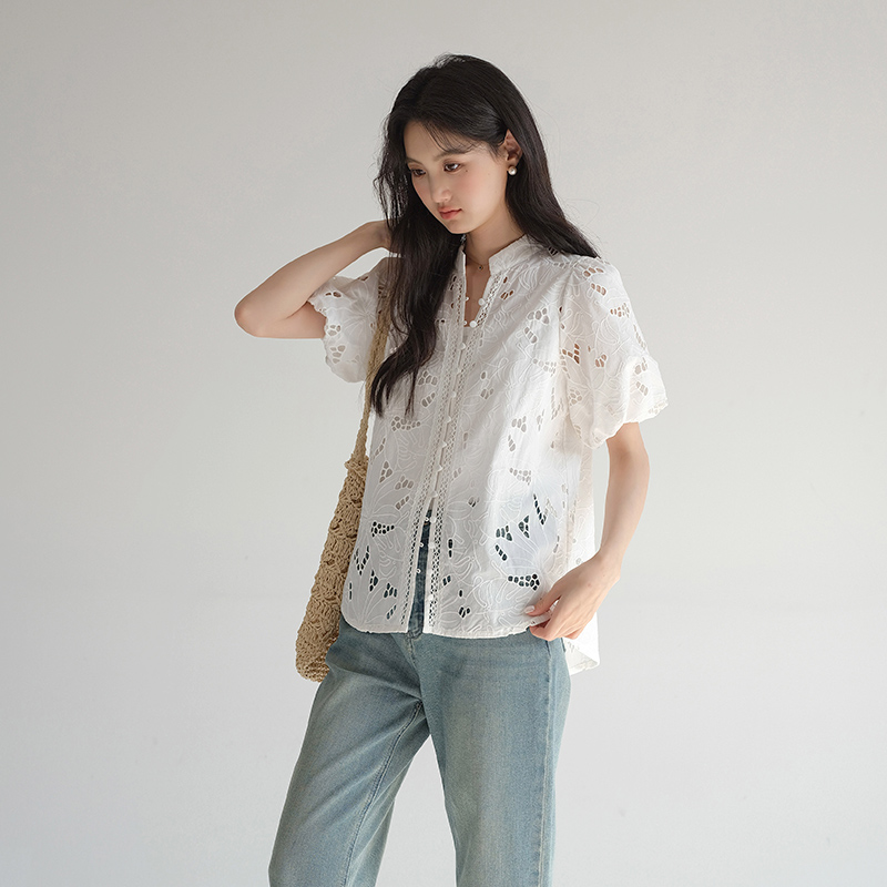ノーカラージャケット 花刺繍レース透かしノーカラー
