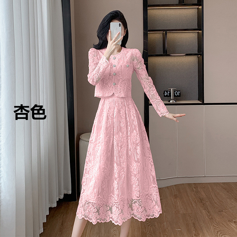 花柄レース ニットセットアップ ノーカラージャケット フレアスカート