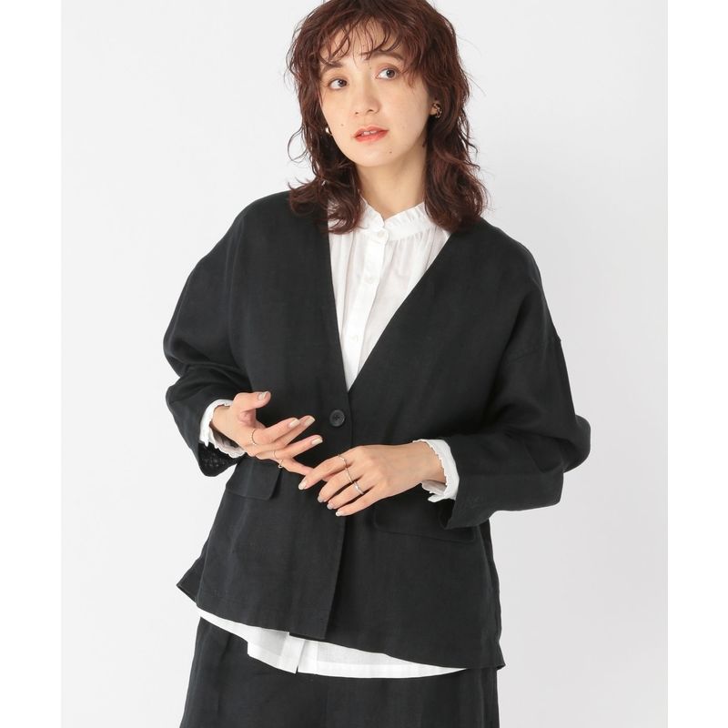 ノーカラージャケット ノーカラージャケット 上質リネンゆったりジャケット