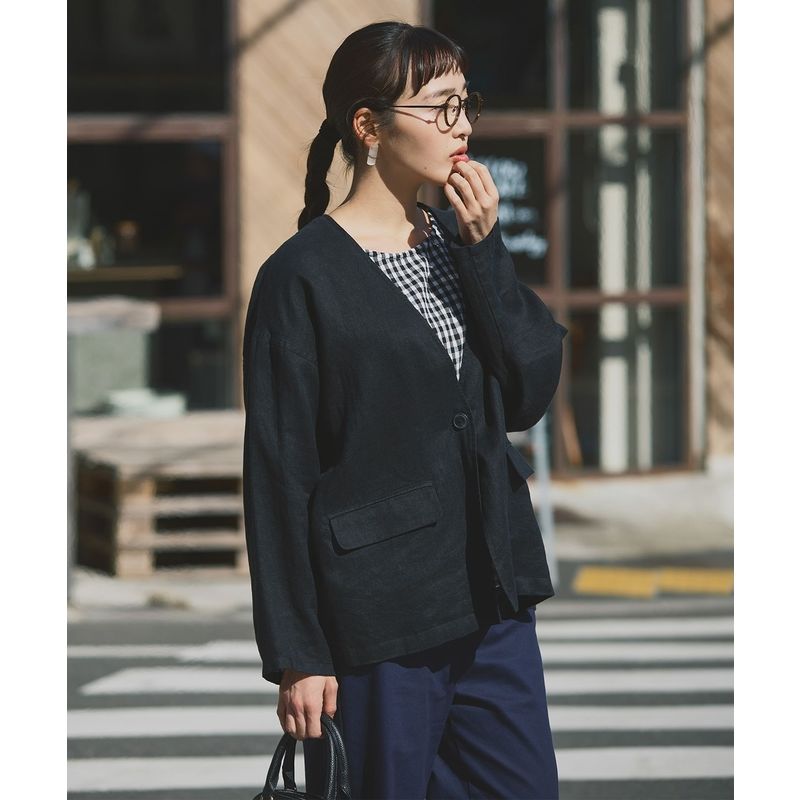 ノーカラージャケット ノーカラージャケット 上質リネンゆったりジャケット