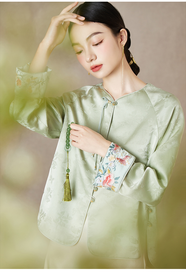 ノーカラージャケット 花刺繍リボン結びノーカラージャケット