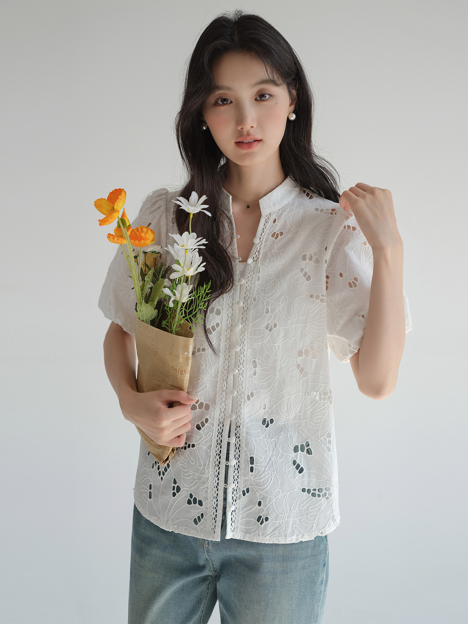 ノーカラージャケット 花刺繍レース透かしノーカラー