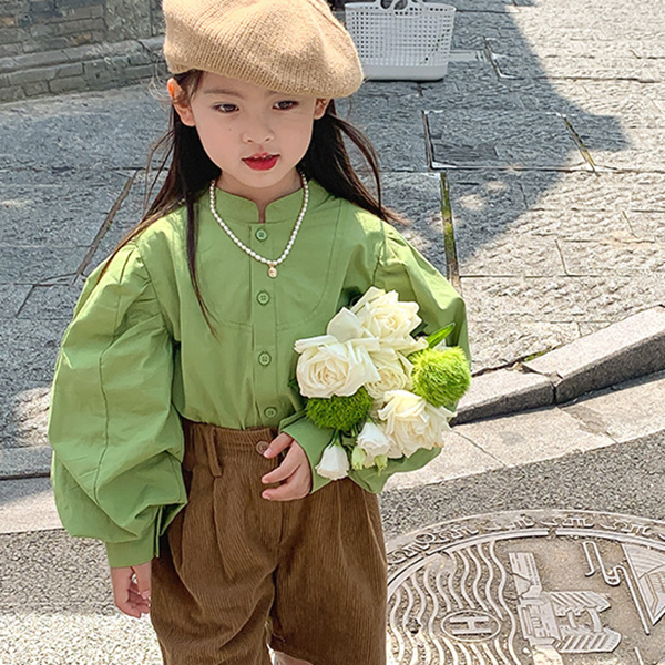 ノーカラージャケット 韓国子供服 リネン風 パフスリーブ ブラウス 女の子