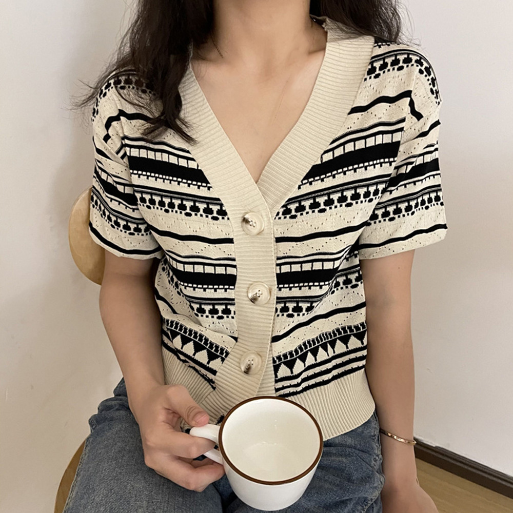 ノーカラージャケット レトロ柄 ノーカラーニットカーディガン