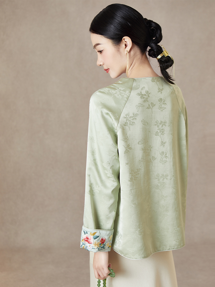 ノーカラージャケット 花刺繍リボン結びノーカラージャケット