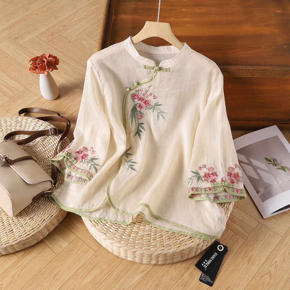 ノーカラージャケット 花刺繍チャイナ風リネンブラウス