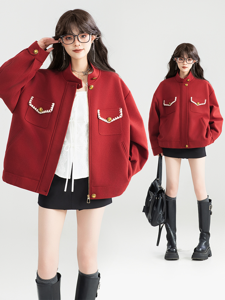 ノーカラージャケット ふわり暖か装飾ポケットジャケット