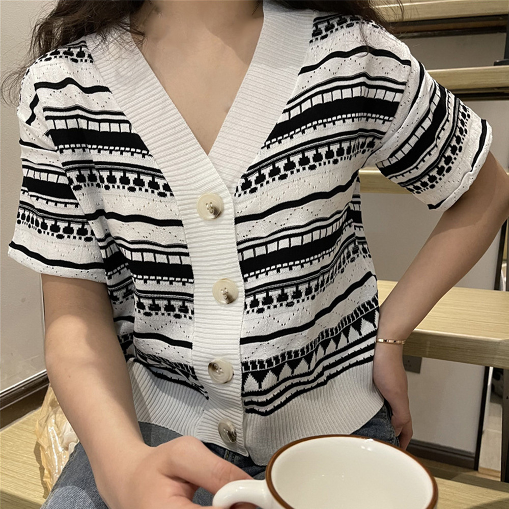 ノーカラージャケット レトロ柄 ノーカラーニットカーディガン
