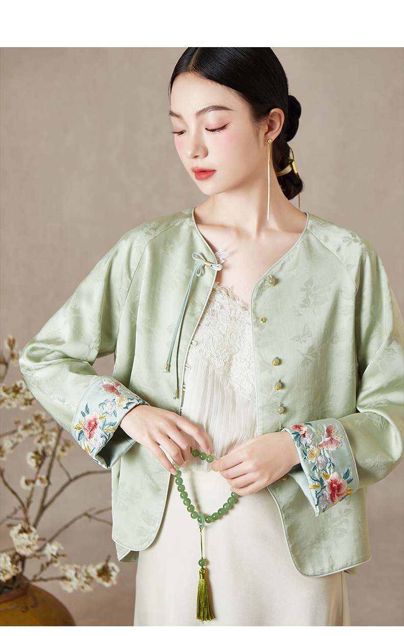 ノーカラージャケット 花刺繍リボン結びノーカラージャケット