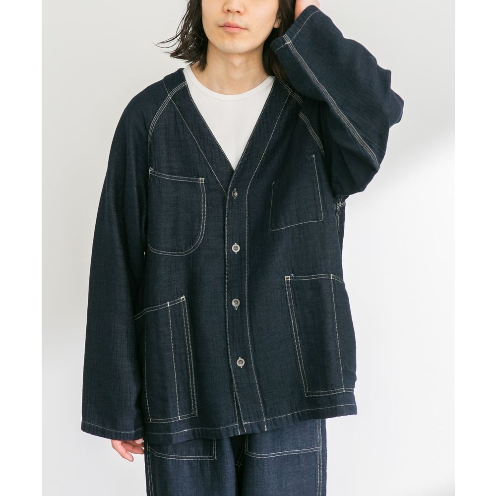 ノーカラージャケット マルチポケット麻織りカーディガン