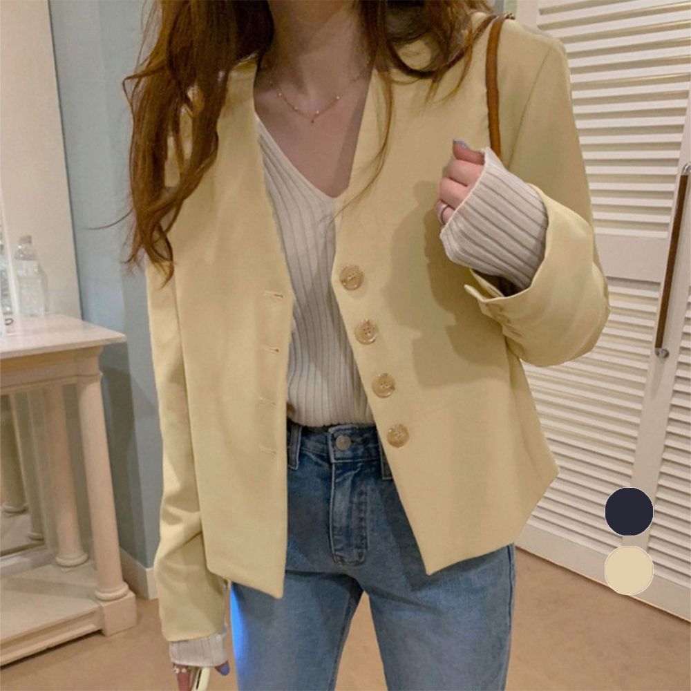 ノーカラージャケット リネン素材 ノーカラーVネックジャケット 春秋