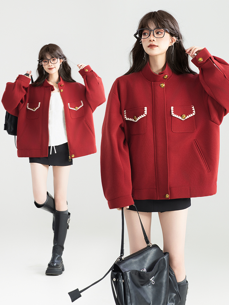 ノーカラージャケット ふわり暖か装飾ポケットジャケット