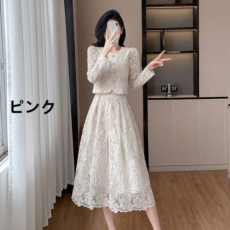 花柄レース ニットセットアップ ノーカラージャケット フレアスカート
