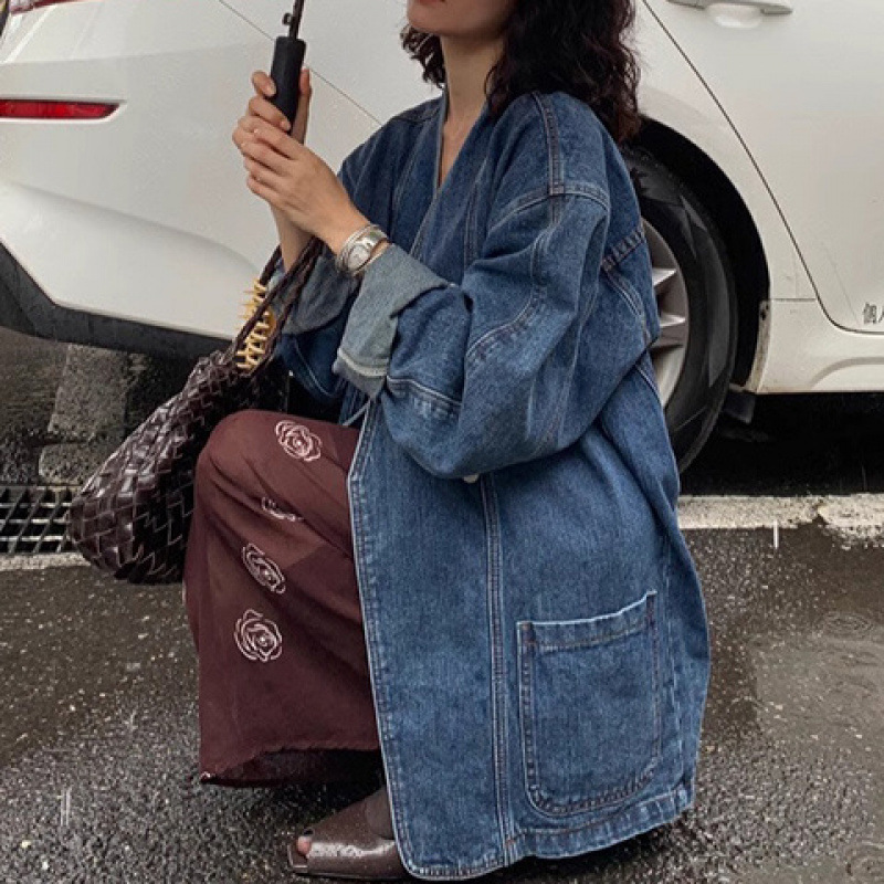 ノーカラージャケット ゆったりデニムノーカラーブルゾン