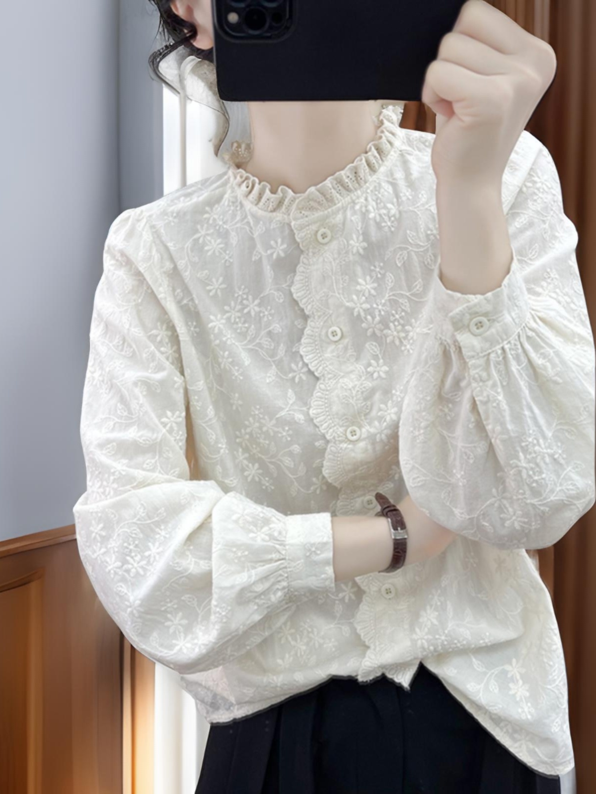 ノーカラージャケット ノーカラージャケット 花刺繍フリルネックリネンブラウス