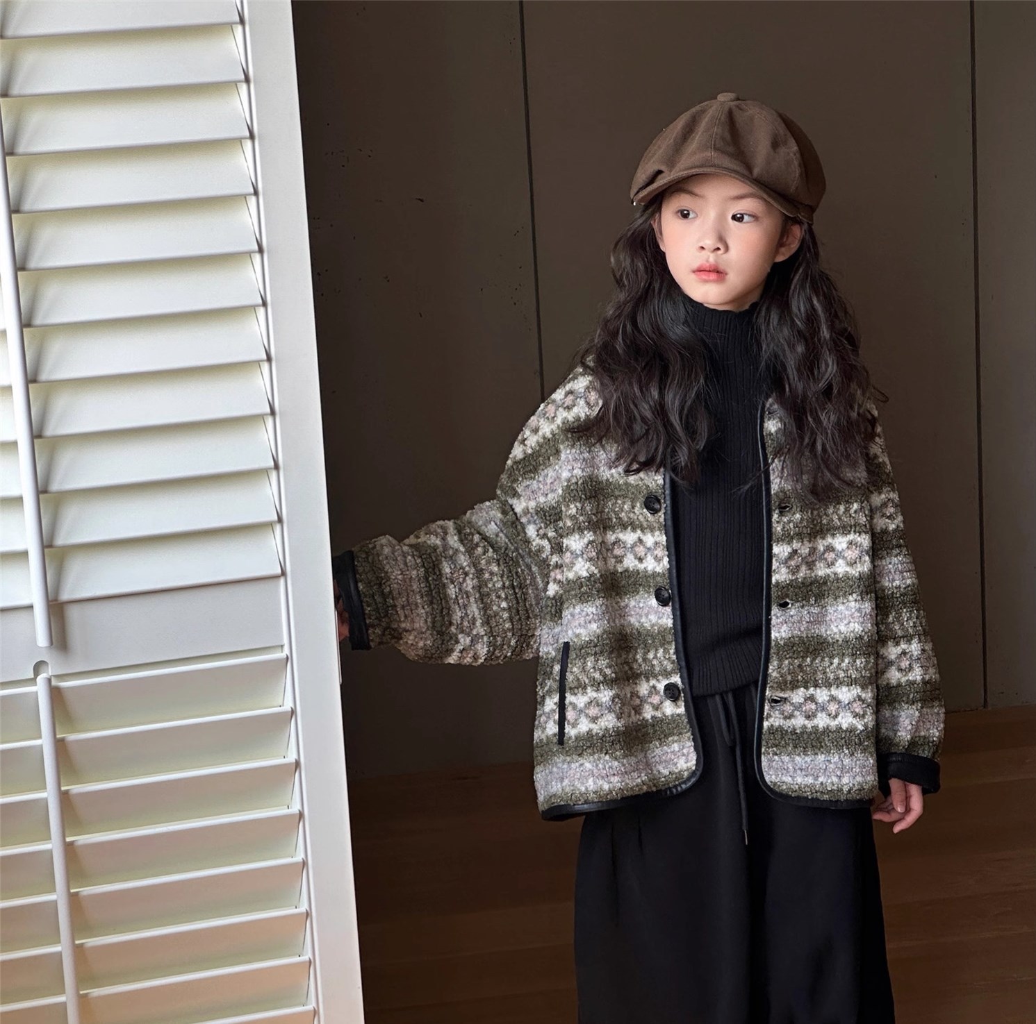 ノーカラージャケット 韓国子供服ニット ノルディック柄カーディガン