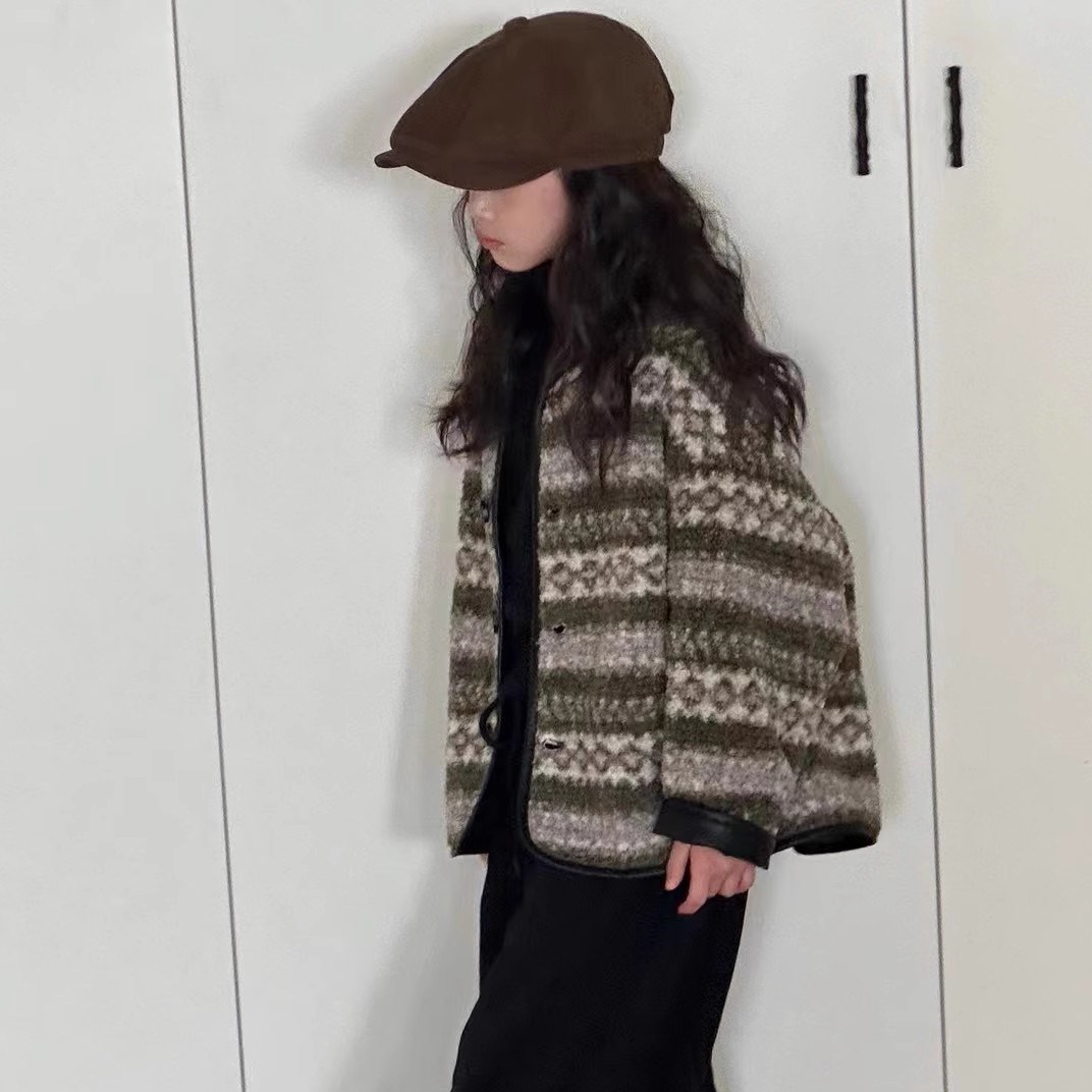 ノーカラージャケット 韓国子供服ニット ノルディック柄カーディガン
