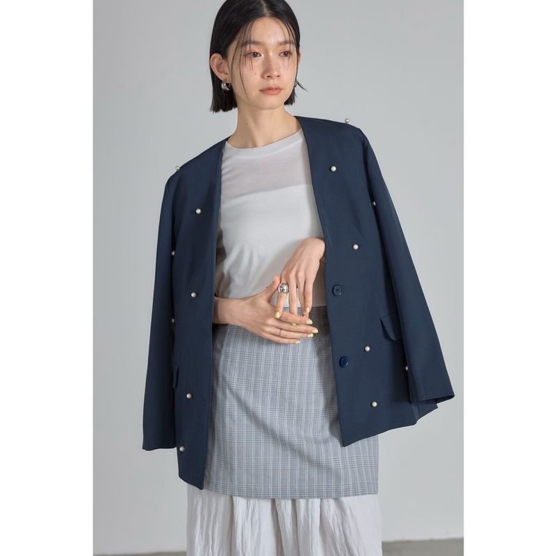 ノーカラージャケット ノーカラージャケット 真珠飾り麻混ノーカラー上着
