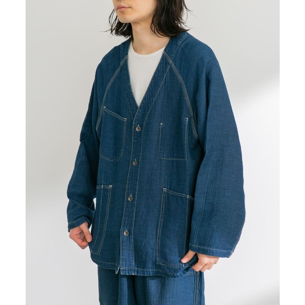 ノーカラージャケット マルチポケット麻織りカーディガン