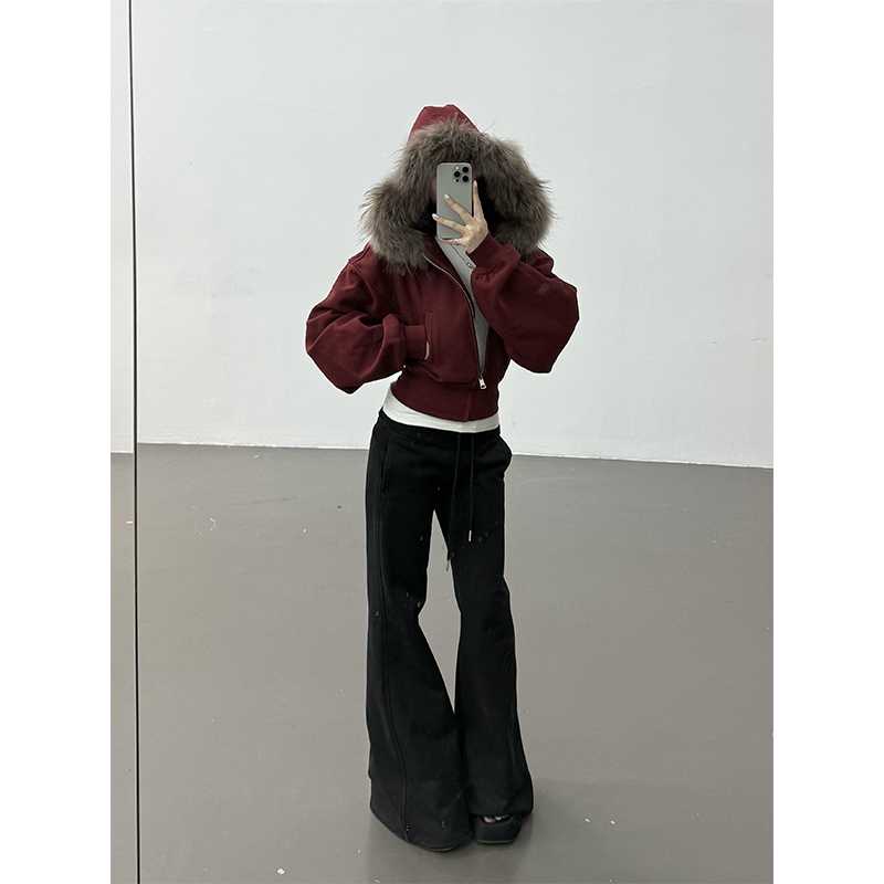 レディースパーカー ファー付きクロップド丈パーカー