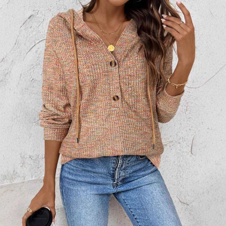 レディースパーカー やわらか編地 飾りボタンパーカー