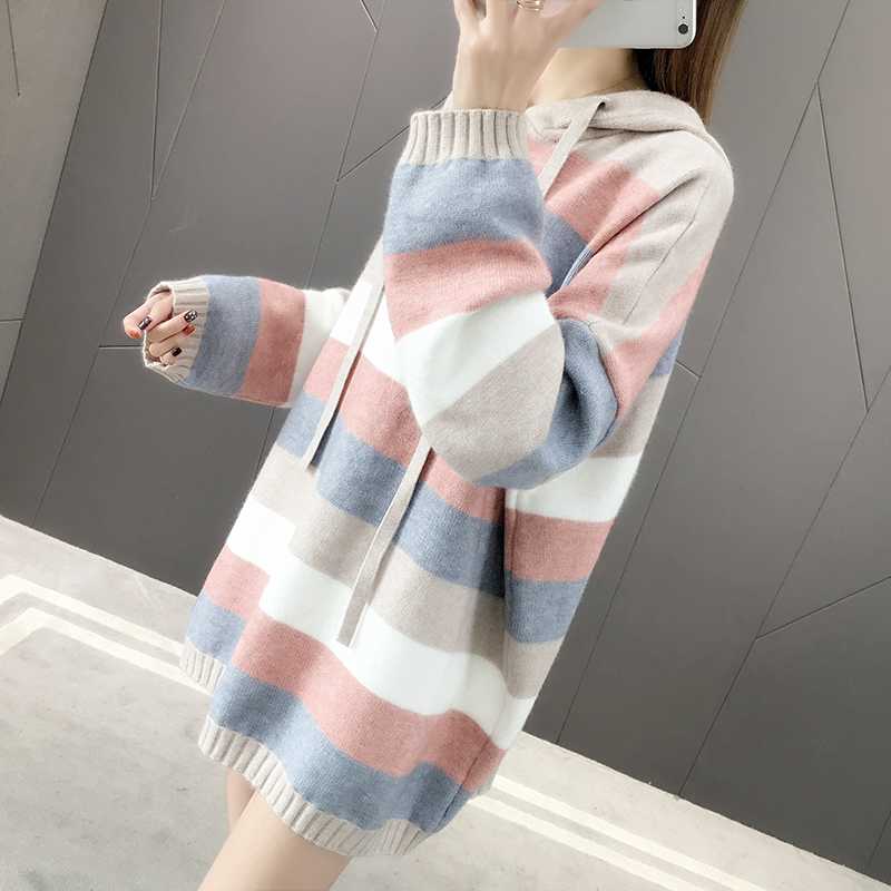 レディースパーカー 柔らかボーダーニットパーカーワンピース