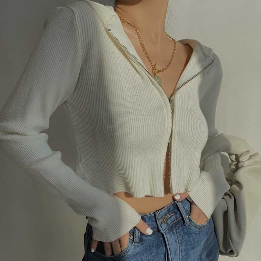 レディースパーカー リブ編みジッパーパーカー