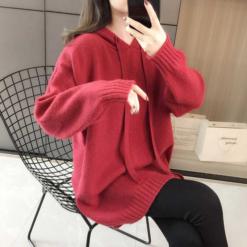 レディースパーカー ゆったりニットフーディー ミドル丈