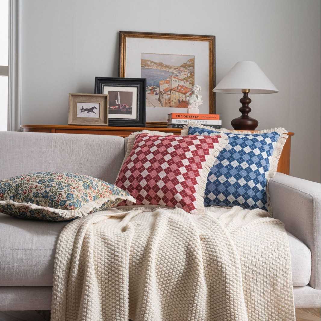 ソファクッション 市松模様フリンジクッション