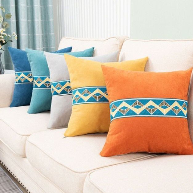 ソファクッション 幾何学模様刺繍入り荷蘭絨正方形ソファクッション