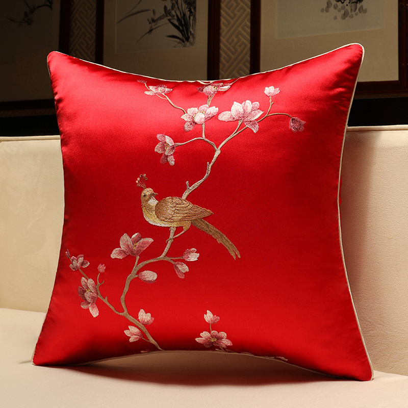 ソファクッション 伝統花鳥刺繍クッション