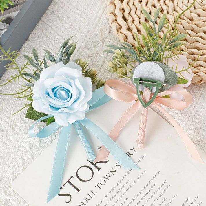 コサージュ 結婚式薔薇と小花の華やかリボンコサージュ