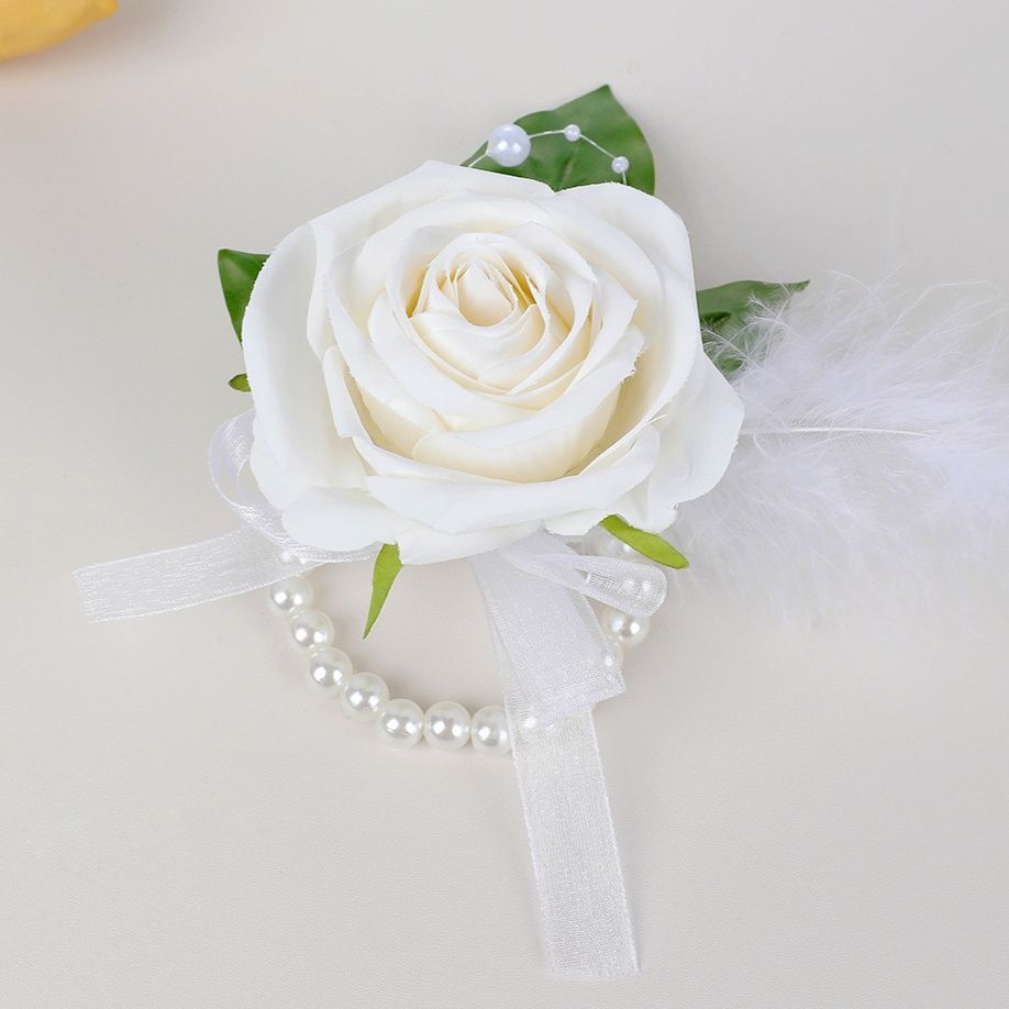 コサージュ結婚式 薔薇とふわふわ羽毛の手首用リストレット