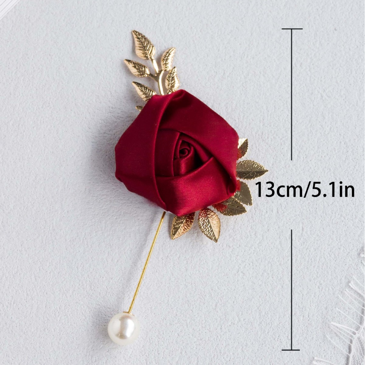 コサージュ 薔薇と金葉に揺れる一粒パール付き　結婚式