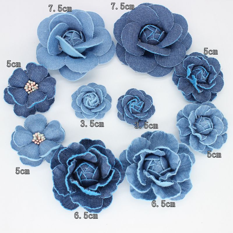 デニム素材の立体花モチーフ二輪セットコサージュ