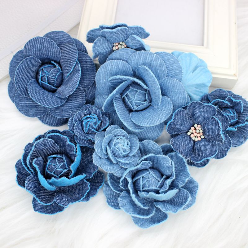 デニム素材の立体花モチーフ二輪セットコサージュ