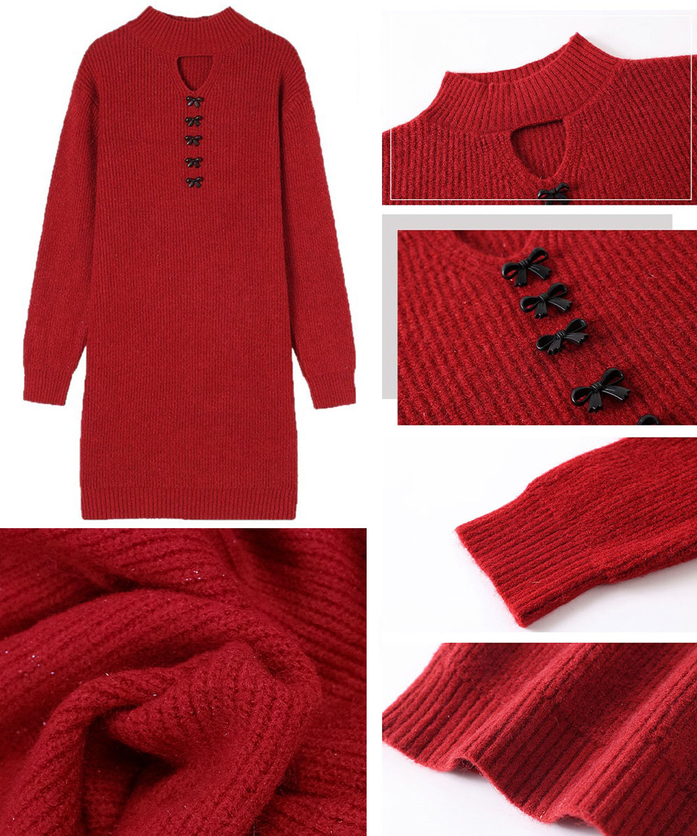 胸元カットアウトニットワンピース ボタン装飾付き