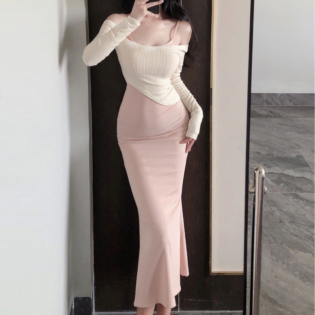 ニットワンピース オフショルダーニットロングワンピース