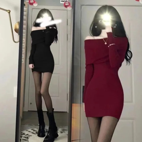 シンプル フィット ニットワンピース