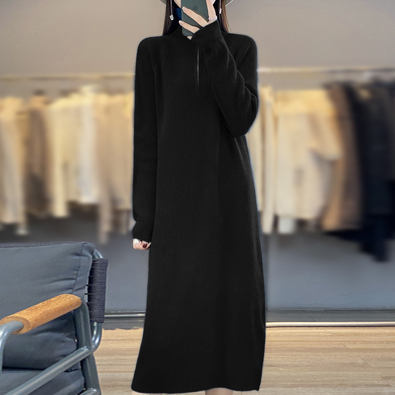 上質リブ編みハイネックニットワンピース