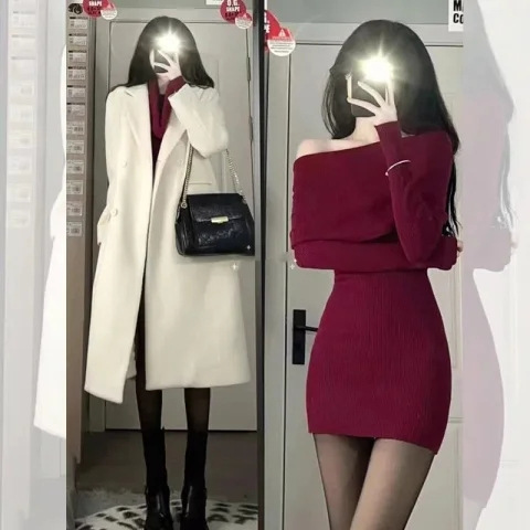 シンプル フィット ニットワンピース