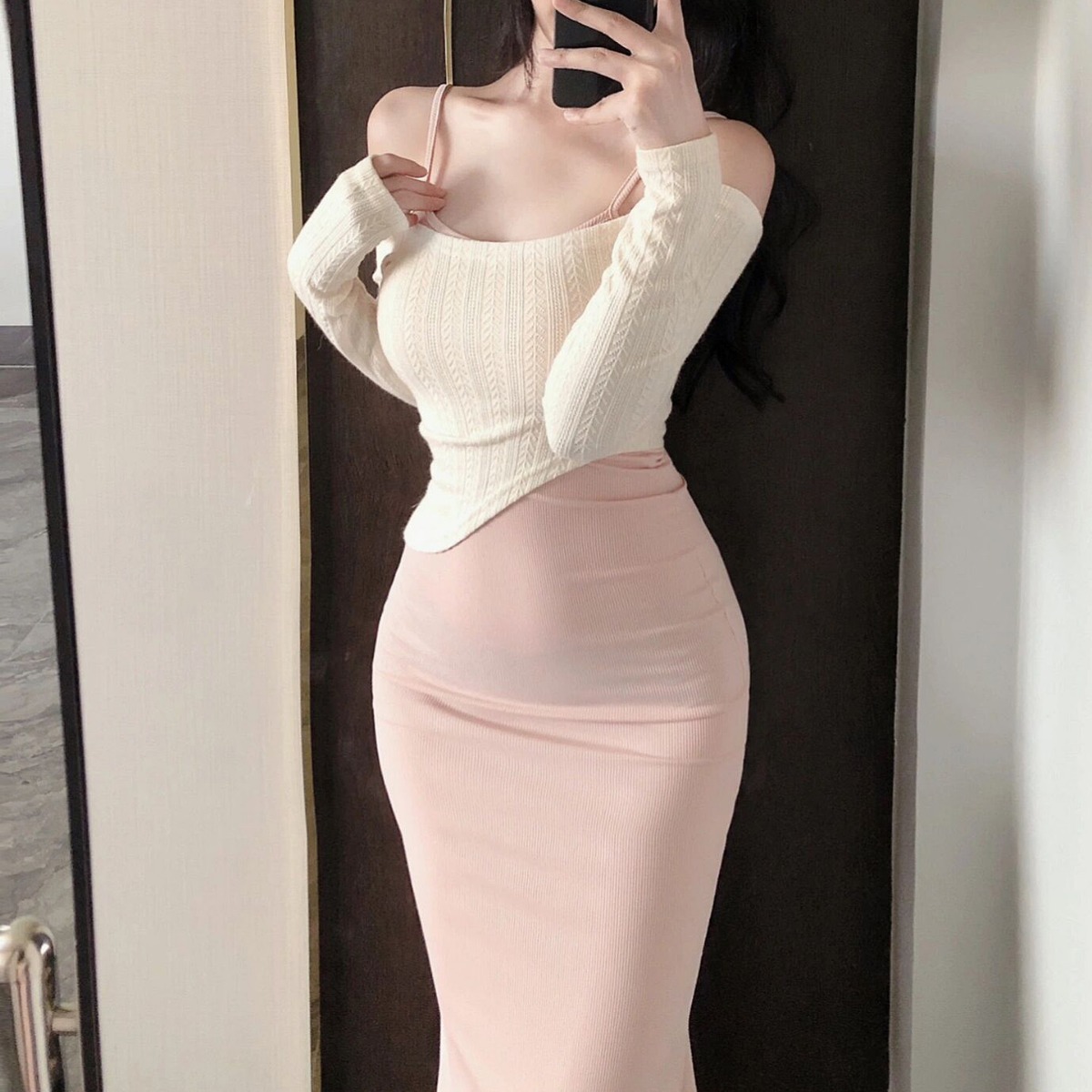 ニットワンピース オフショルダーニットロングワンピース