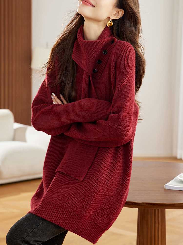 デザイン襟ボタン付きニットワンピース