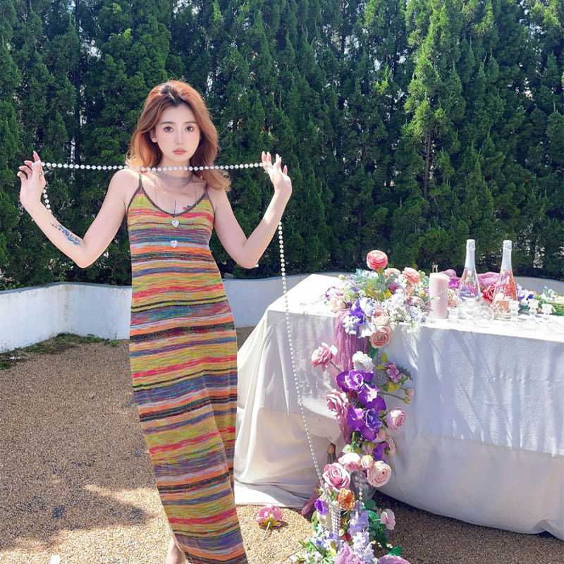 ニットワンピース マルチボーダーニットキャミワンピース