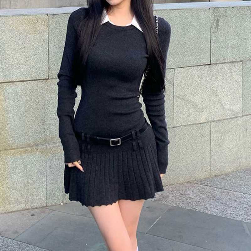 ニットワンピース 襟付きニットプリーツワンピース