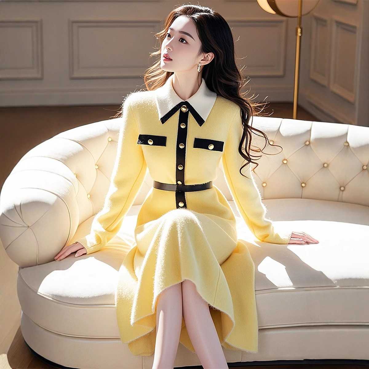 上品シルエット 金釦デザインニットワンピース